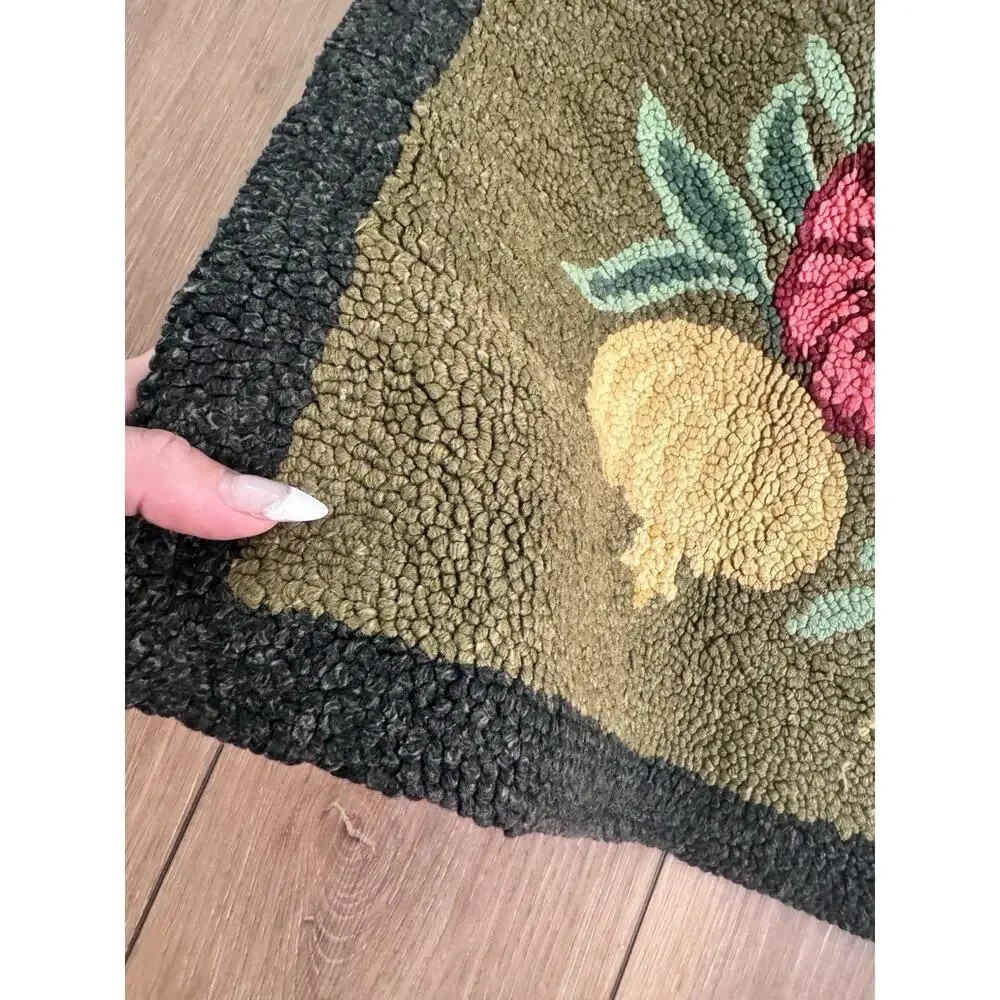 Vintage Hand Hooked Rug Floral Basket Primitive Cottagecore 21x34 Wool Accent